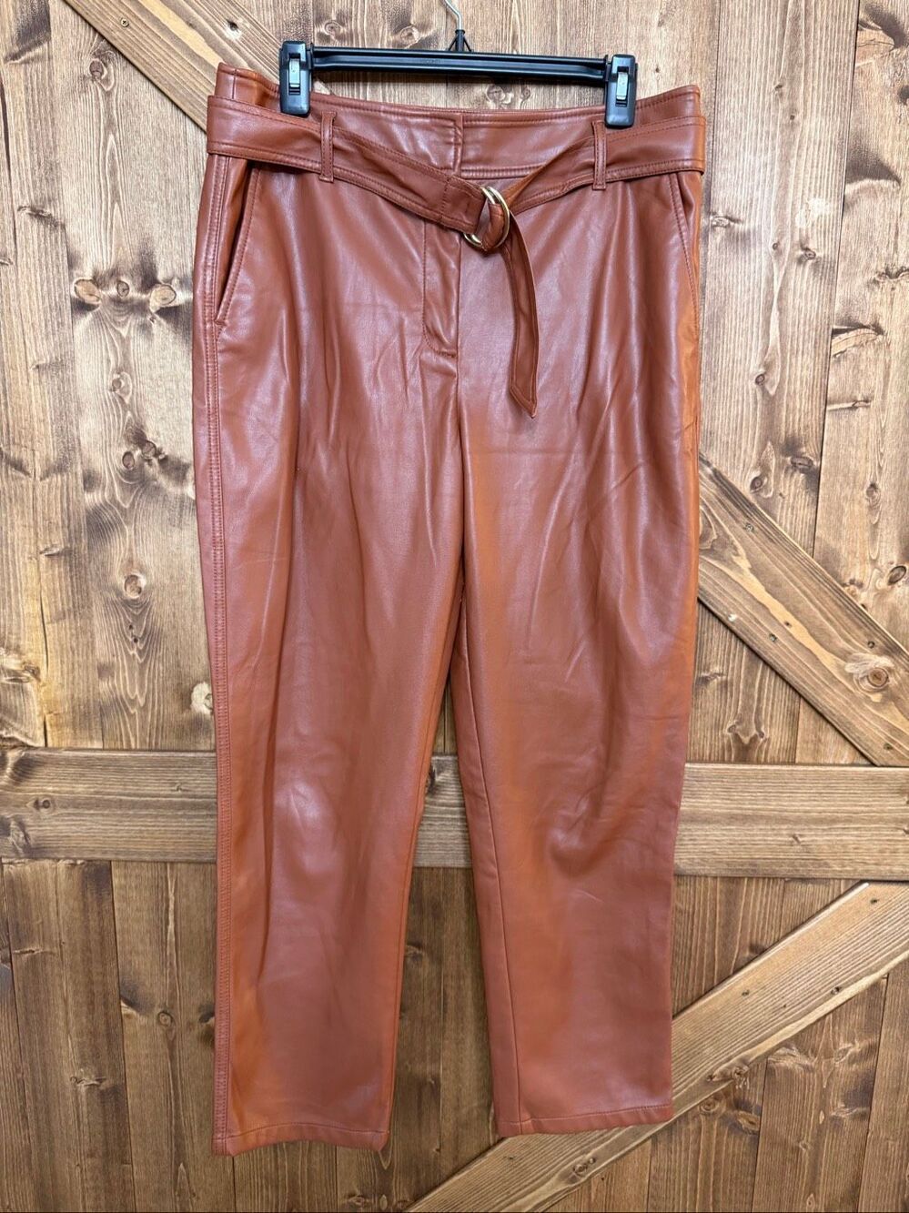 LOFT Women’s Size 10 Brown Faux Leather Belted Ankle Pants Trousers (9272)